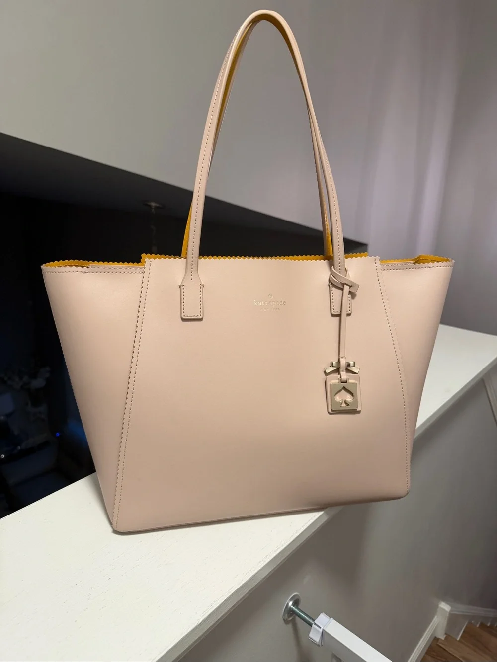 kate spade beige tote with yellow trim